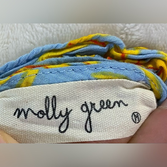 Molly Green Blue Yellow Tropical Floral Ruffle Triangle Top 100% Rayon Women's M - Picture 5 of 12